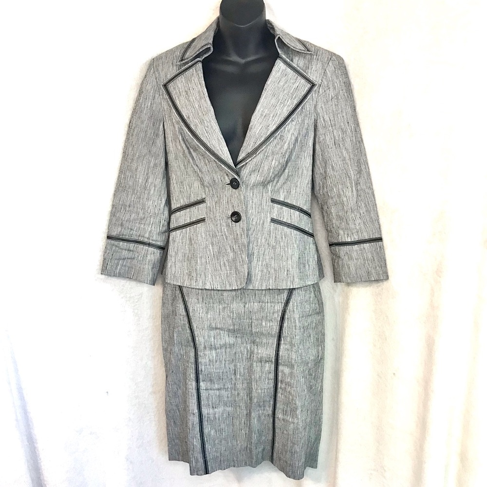 BEBE 2 piece linen blazer suit jacket and skirt set grey black trim collared top